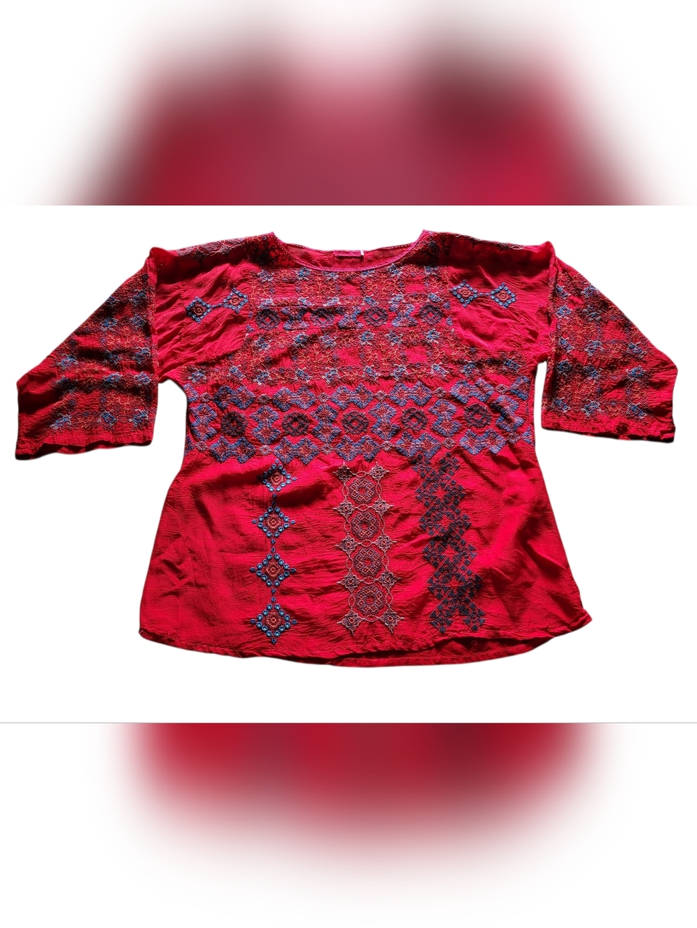 Johnny Was Women's Small Red Embroidered Blouse Bohemian Geometric Pattern Rayon